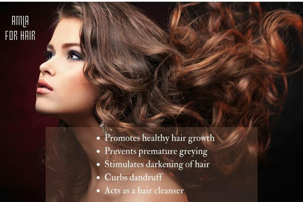 Image of a girl with beautiful hair and text listing amla benefits for hair