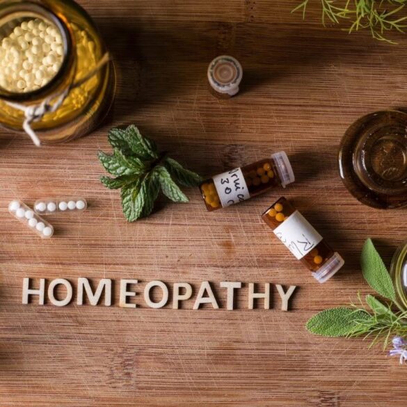 Image with medicine bottles and text Homeopathy
