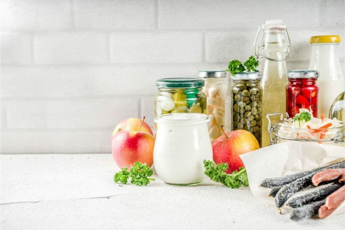 An assortment of fermented foods such as yogurt, vegetables, meat, etc