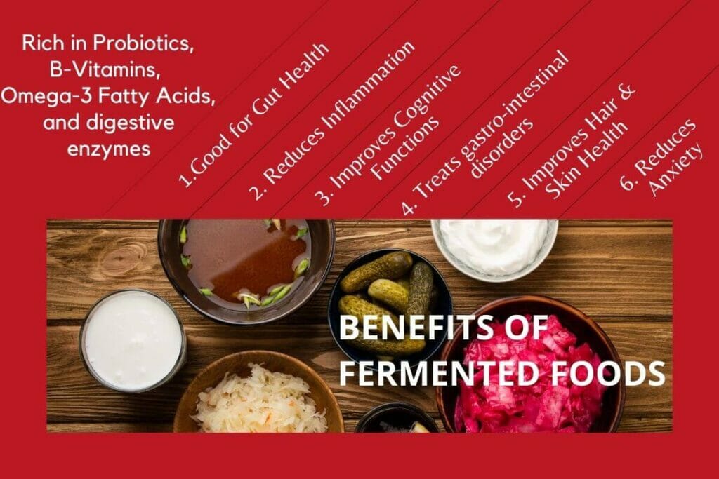 Infographic with an image of popular fermented foods and the texts mentioning the benefits