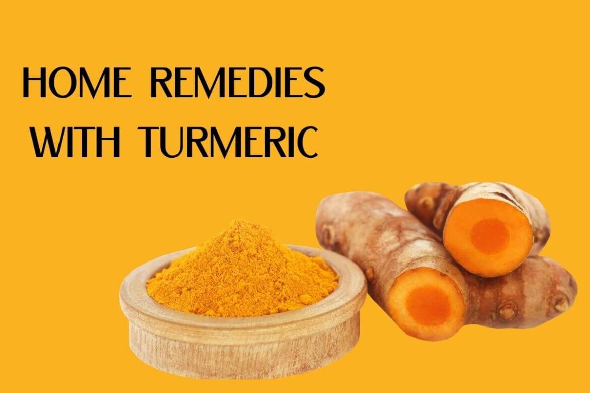 Image of turmeric root and powder along with text home remedies with turmeric