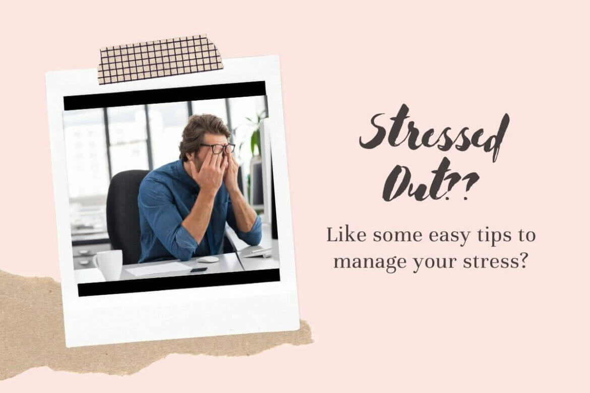 Image of a stressed man cupping his eyes and text stress management techniques