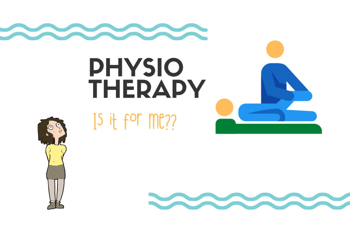 Cartoon art of curious girl looking at physiotherapist and patient