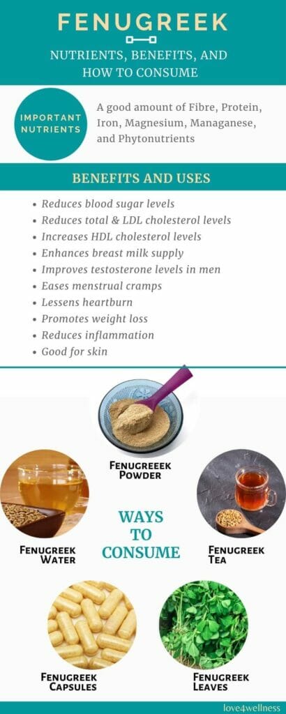 Infographic - Fenugreek nutrients, benefits, and usage