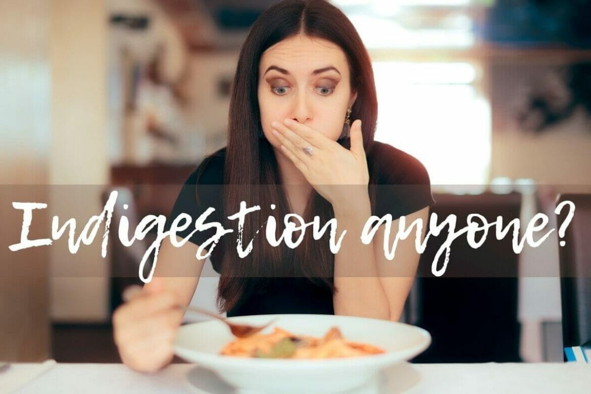 Image of a young woman with mouthful of food and text Indigestion anyone?