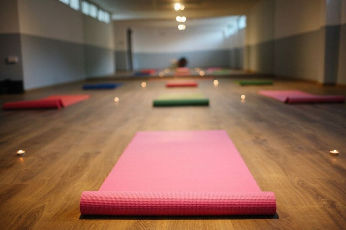Huge yoga studio/class with yoga mats on the ground