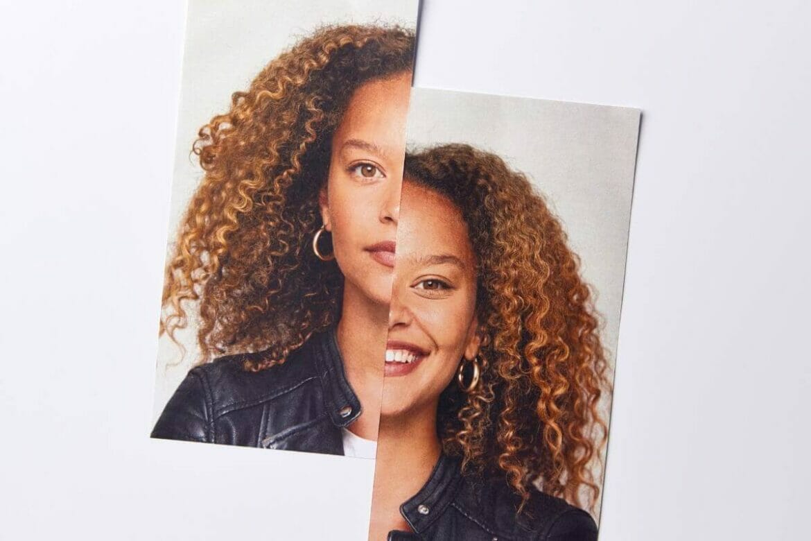 Mental health concept-half-happy and half-aloof woman