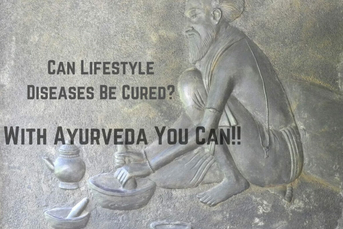 Ayurveda medicine preparation with text Can lifestyle diseases be cured with ayurveda