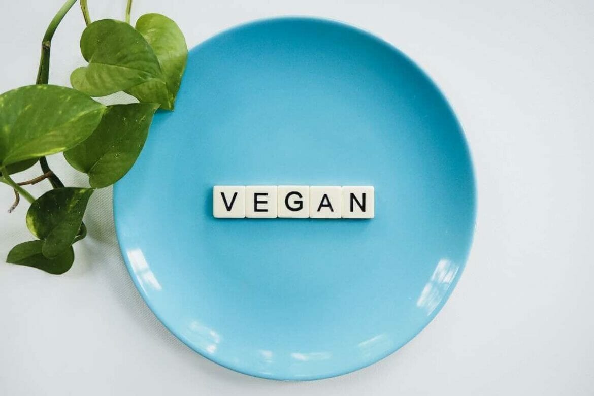 Image of a blue colour plate, a plant, and text Vegan
