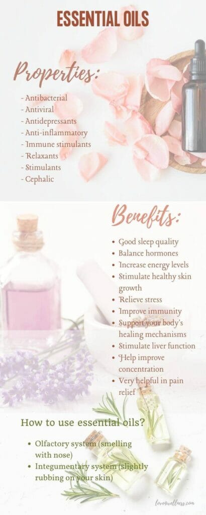 Infographic of properties and benefits of essential oils