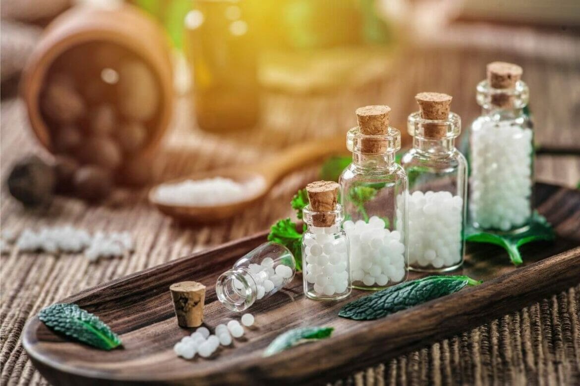 Image with homeopathy medicines in bottles
