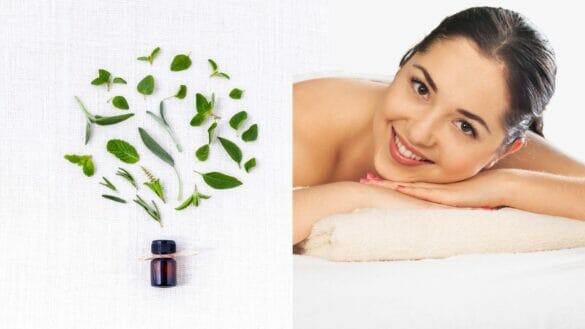 Image of a beautiful woman with flawless facial skin along with images of oregano leaves and oil