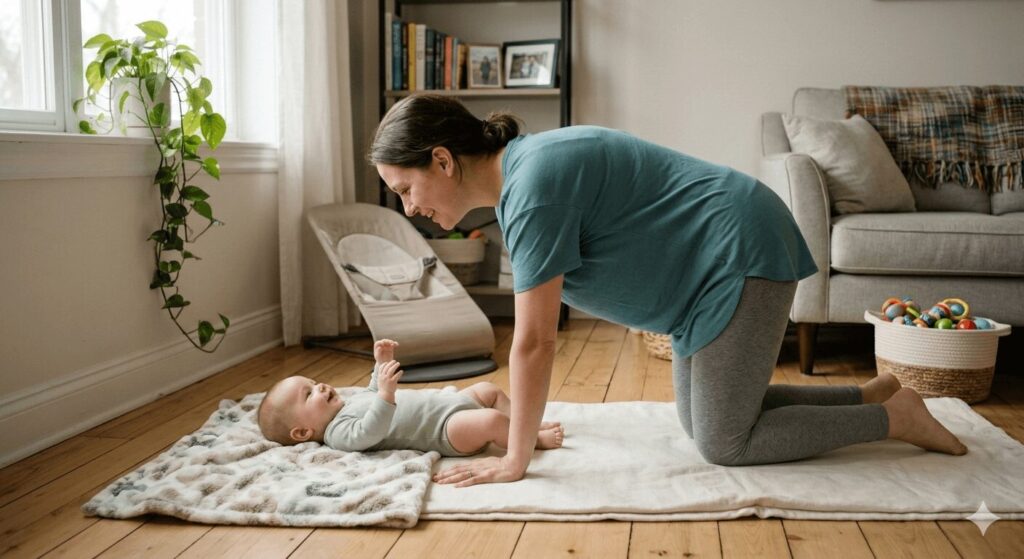 Image of mother practising postnatal yoga - cat cow stretch