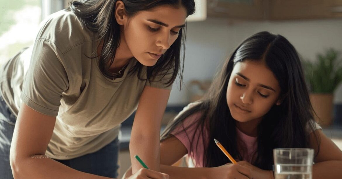 A child studying at a desk while a parent hovers closely, depicting helicopter parenting