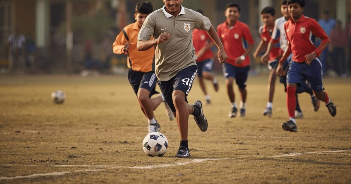 A group of students playing football outdoors, illustrating the benefits of physical education