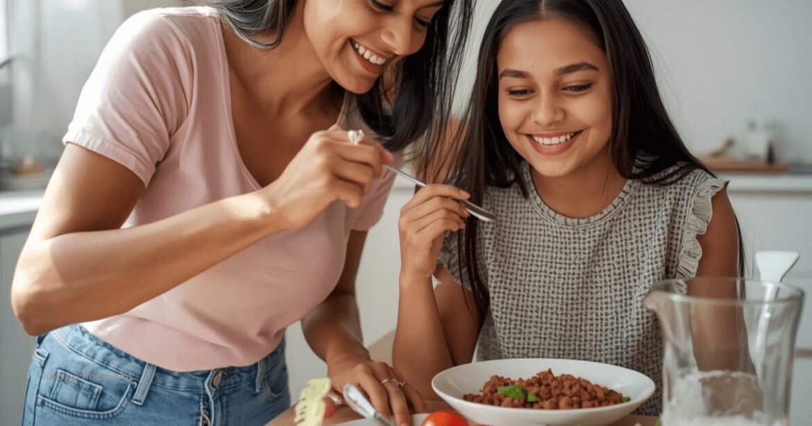 Image of an Indian parent and teenage daughter at dining table - Brain power boosting foods are crucial for teenage students