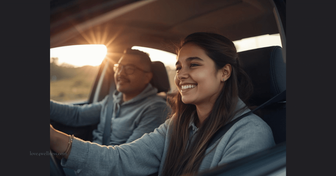 Indian father and teenage daughter sitting together in a car, sharing a moment of connection — representing the rebuilding of parent teen communication when your child stops talking.