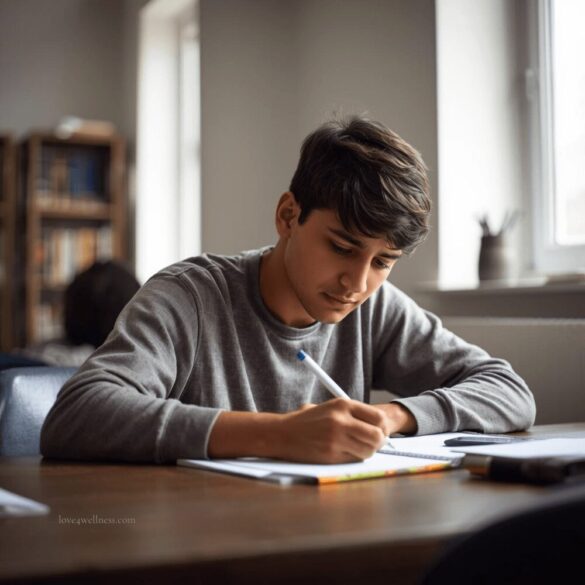 Image of a teen student writing in a notebook - stress due to too much homework