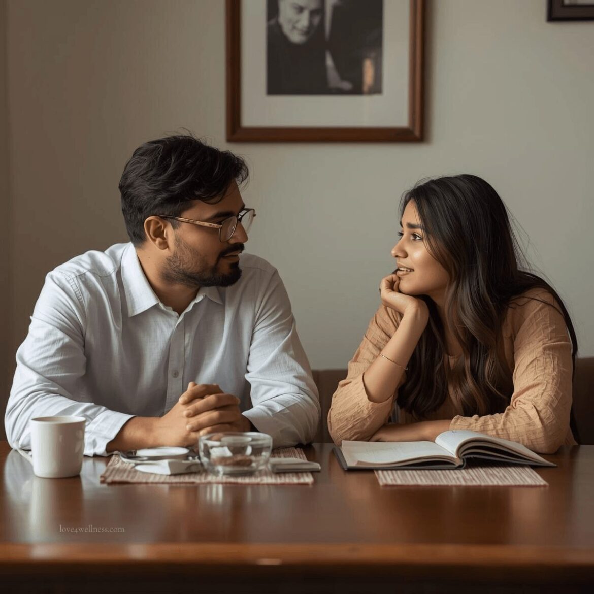Indian parent and teenage child sitting together at a table - representing an open conversation about the child's dream career and future possibilities.