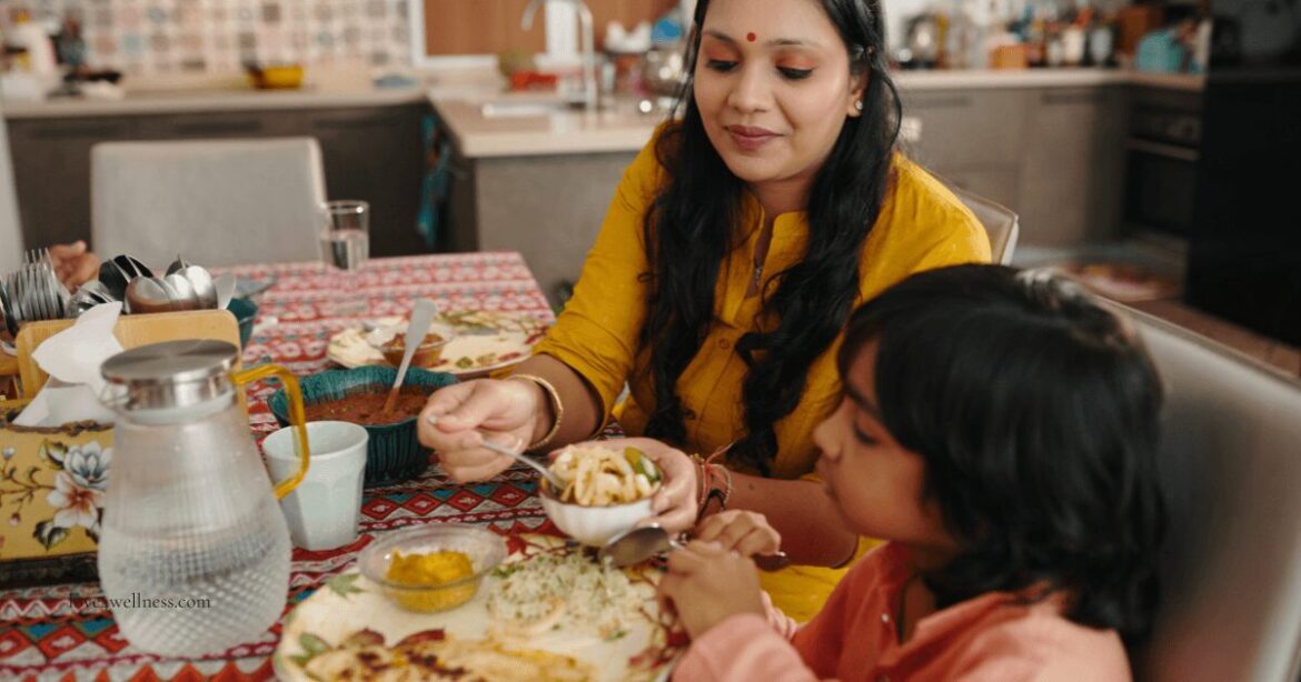 Mother serving healthy meal to her child - Image representing the connection between child nutrition and brain development
